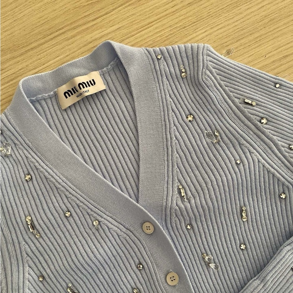 Authentic Miu Miu Pastel Blue Embellished Cardigan - Picture 2 of 6